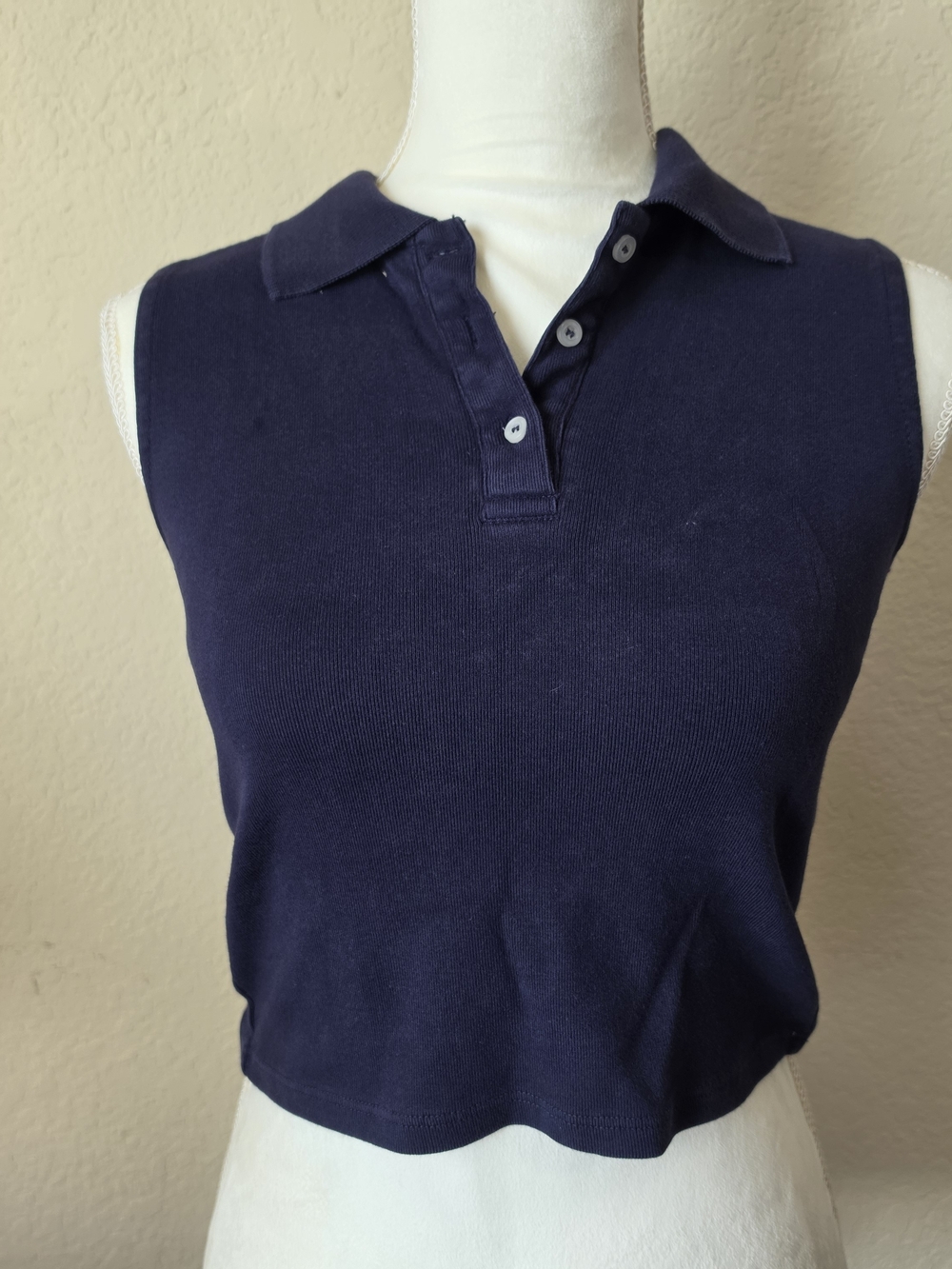 Brandy Melville Navy Blue Sleeveless Polo Crop Top Collared Button Tank OS